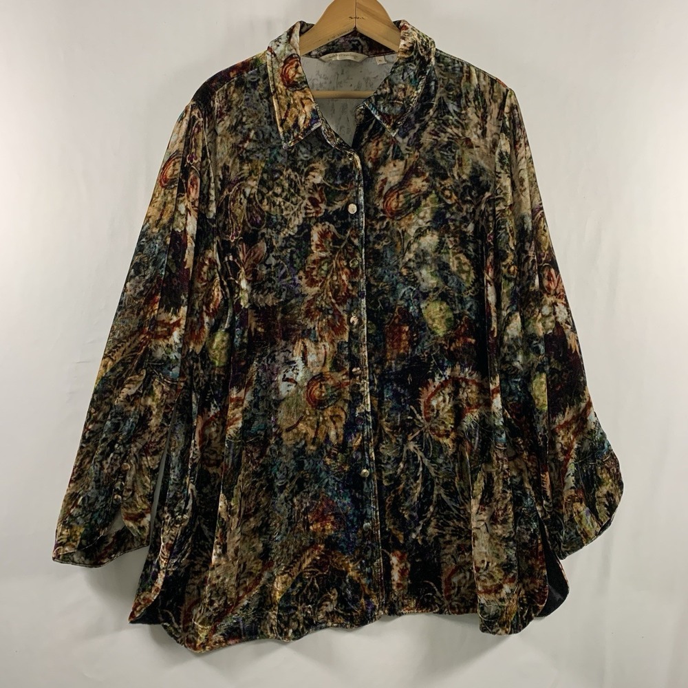Soft Surroundings Silk Blend Floral Velvet Button Top Size XL Boho Whimsigoth
